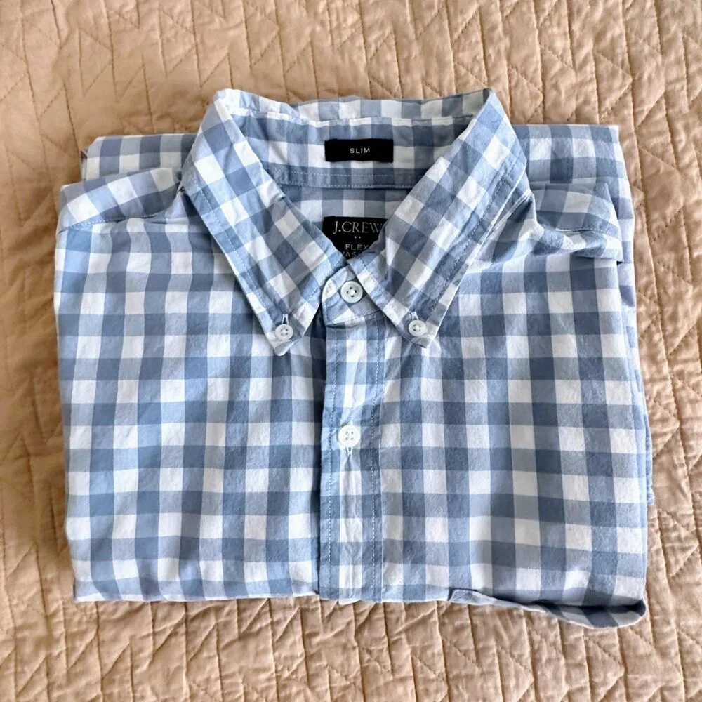 J.CREW Men's Blue White Gingham Buttoned Down Slim Flex Washed Shirt Size M NWoT